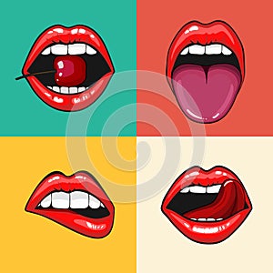 Different women's lips vector icon set isolated from background. Red lips close up girls. Shape sending a kiss, kissing