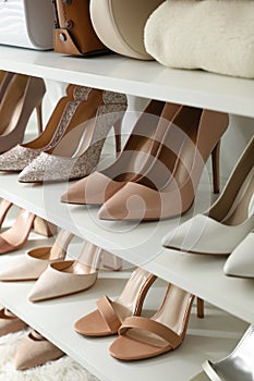 Different women`s shoes on shelving unit