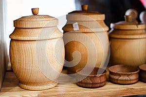 Different wood souvenirs in the store while traveling