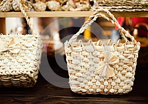 Different wood souvenirs in the store while traveling