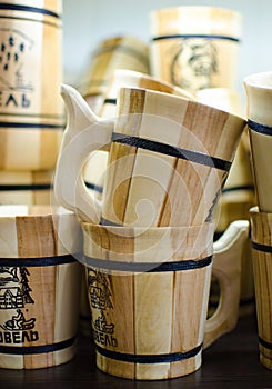 Different wood souvenirs in the store while traveling