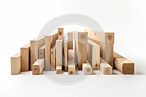 Different Wooden beams on white background. Construction materials