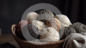 different woolen balls. Knitting hobby concept. Cozy indoor background