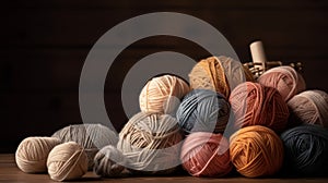 different woolen balls. Knitting hobby concept. Cozy indoor background