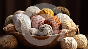 different woolen balls. Knitting hobby concept. Cozy indoor background