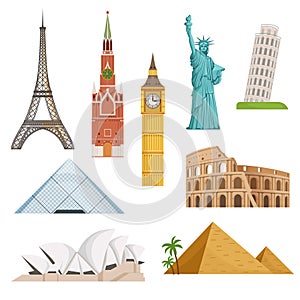 Different world famous symbols set isolate on white. Historical buildings, landmarks. Vector illustrations photo