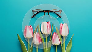 Different world perception with glasses frame and tulips