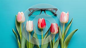 Different world perception with glasses frame and tulips