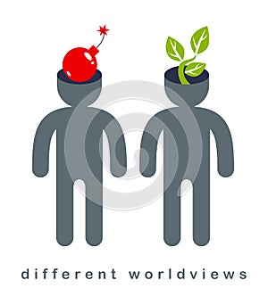 Different worldviews concept with two men good and bad displaying their minds with bomb exploding and small plant growing vector,