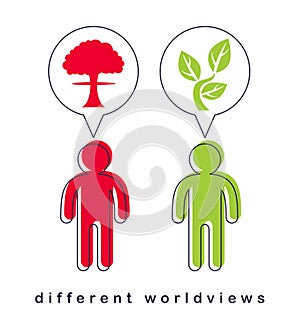 Different worldviews concept with two men good and bad displaying their minds with bomb exploding and small plant growing vector,