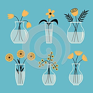 Different yellow flowers. Glass vases with water. Flower in vase set line. Cute icon collection. Daisy, rose, tulip, gerbera.