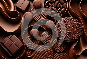 Differently shaped pieces of dark chocolate in a chocolate background. Created with Generative AI