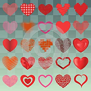 Differents style red heart vector icon isolated love valentine day symbol and romantic design wedding beautiful