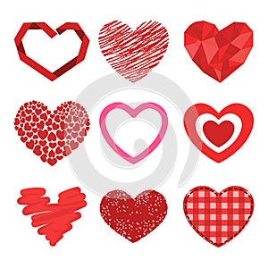 Differents style red heart vector icon isolated love valentine day symbol and romantic design wedding beautiful