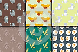 Differrent seamless pattern set with cats food nuts milk oysters bugs spikelets vector illustration.