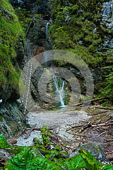 Difficul trail with ladder near the waterfall in canyon of National park Slovak paradise