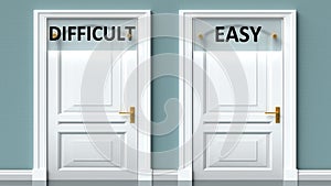 Difficult and easy as a choice - pictured as words Difficult, easy on doors to show that Difficult and easy are opposite options