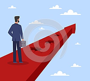 Difficult path to goal. Shaky road to success. Not stable career growth. Businessman stands on red arrow with obstacles photo