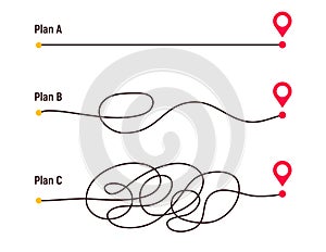 Difficult way, chaos path from point A to B. Complex chaos simplifying concept. Easy simple way. Vector illustration