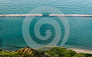 Diffraction waves in the sea seen along the coastline near Pesaro