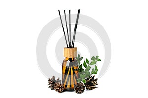 Diffuser bottle, leaves and cones isolated on white background