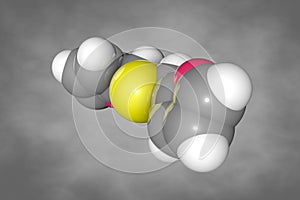 Difurfuryl sulfide, molecular model. Atoms are shown as spheres with conventional color coding. 3d illustration