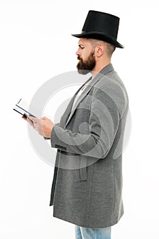 Dig into reading. Bearded man read book isolated on white. Poetry reading. Home reading and schooling. Bibliophile in photo