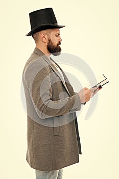 Dig into reading. Bearded man read book isolated on white. Poetry reading. Home reading and schooling. Bibliophile in