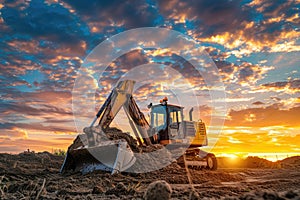 Digger on construction site in the background at sunset