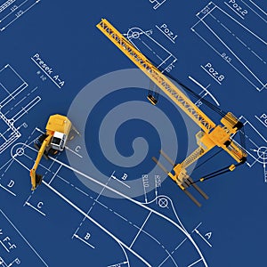 Diggers and yellow crane with sketch photo