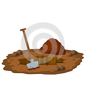 Digging a hole. Shovel and dry brown earth. Grave and excavation.