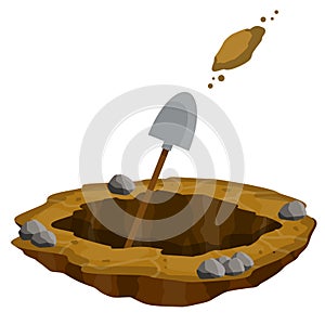 Digging a hole. Shovel and dry brown earth. Grave and excavation.