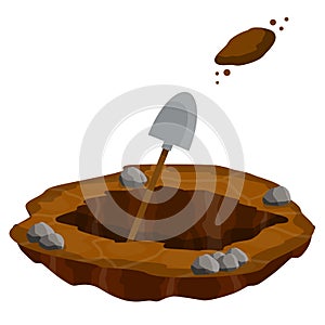 Digging a hole. Shovel and dry brown earth. Grave and excavation.