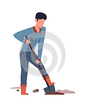 Digging man in garden. Person in backyard lawn with dig, isolated vector cartoon gardening character