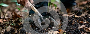 Digging up truffle mushroom in the forest. Selective focus.