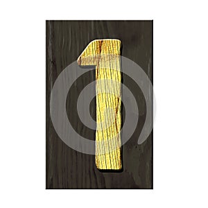 Digit 1. Alphabet made of letters, made of wood, on a dark wooden plank. Isolated on white background. Education. Design