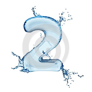 Digit 2 water splash alphabet isolated on white. 3D rendering illustration