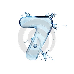 Digit 7 water splash alphabet isolated on white. 3D rendering illustration
