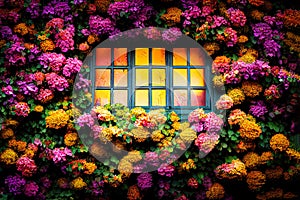 Digital 3D art of a wooden window being dominated by vivid colorful flowers, vines and leaves. beautifully lit, bokeh.