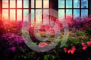 Digital 3D art of a wooden window being dominated by vivid colorful flowers, vines and leaves. beautifully lit, bokeh.