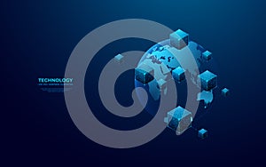 Digital 3D blockchain icon on technology globe Earth background.