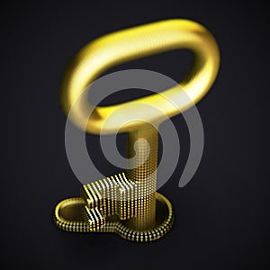 Digital 3D golden key in keyhole on black background.