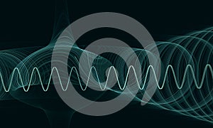 Digital 3d graph, diagram, frequency waves or flowchart in glowing turquoise light in deep dark space. Audio, music, sound.