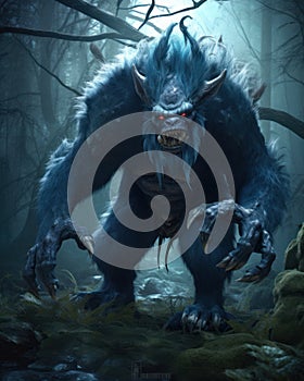 Digital 3D illustration of a menacing troll in a dark blue forest - fantasy painting - Generative AI