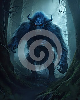Digital 3D illustration of a menacing troll in a dark blue forest - fantasy painting - Generative AI