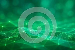 Abstract green network of glowing nodes and lines with soft bokeh background