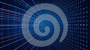 Abstract digital background with data stream and matrix code in blue tones design effect