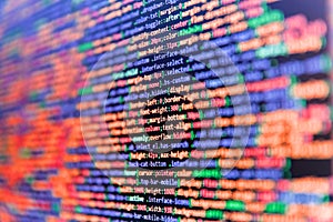 Digital abstract bits data stream, cyber pattern digital background. Php code on blue background in code editor. Web programming