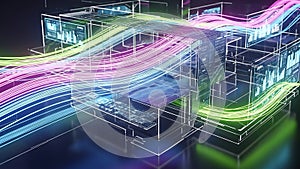 Digital abstract data stream flowing through transparent futuristic network architecture