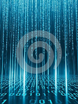 Digital Binary Code Falling Like Rain with Glowing Lines on a Reflective Surface data technology